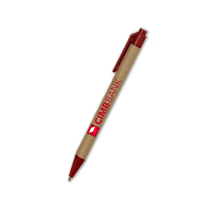 A red and brown pen with a logo and branding, featuring a classic design and a clip for easy carrying.