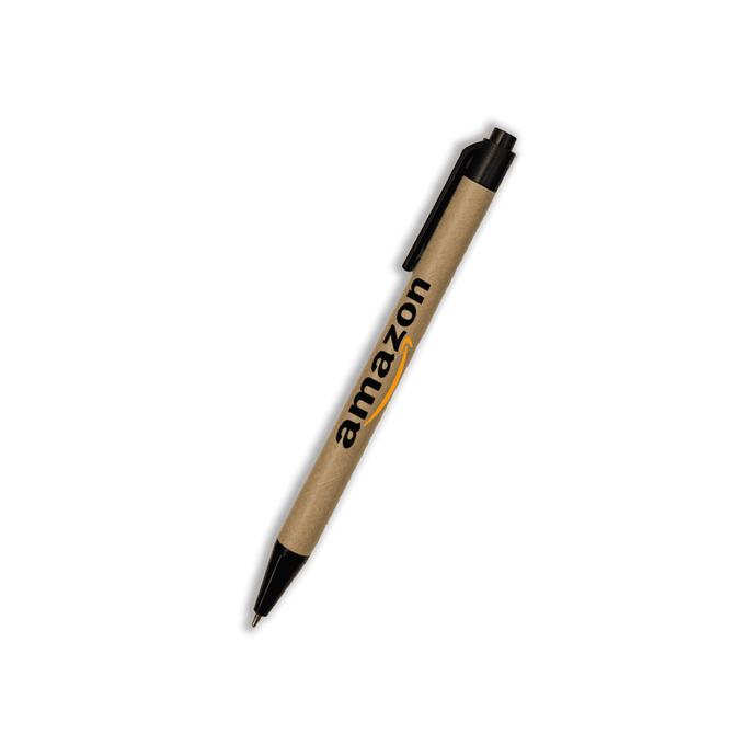 A brown paper pen with a black tip and a clip, featuring a logo on the side.