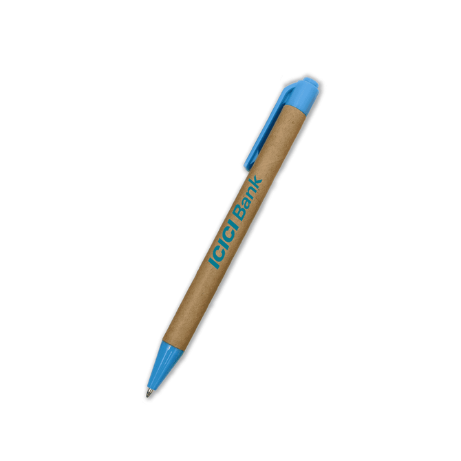 A blue and brown paper pen featuring a logo, designed with a simple and eco-friendly aesthetic.