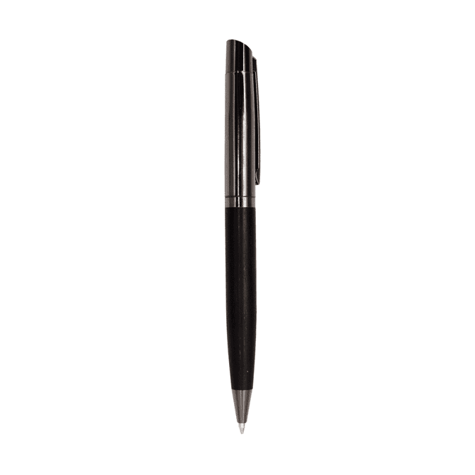 A black wooden and metal ballpoint pen, featuring a sleek design and a shiny clip, with a logo on the barrel.