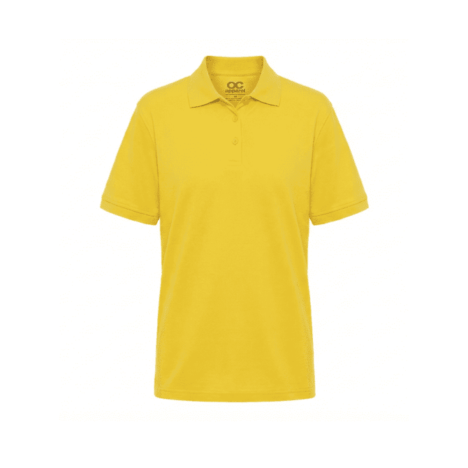 A yellow men's polo shirt with a collar, short sleeves, and a logo on the inside label.