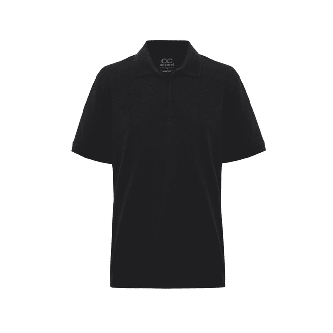 A black men's polo shirt featuring a collar and button placket, with a logo on the chest area.