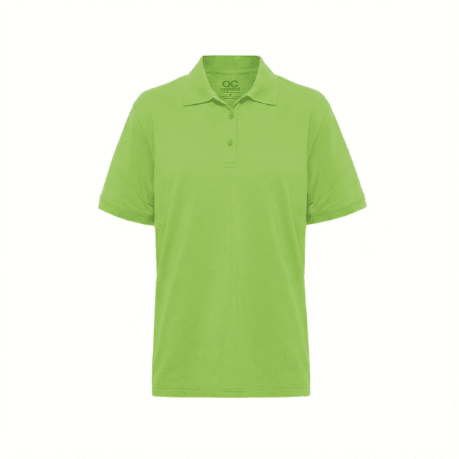 A bright lime green men's polo shirt featuring a collar and three-button placket, with a logo on the collar.