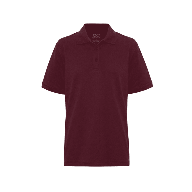 A maroon polo shirt with a collar, featuring short sleeves and a front placket. It has a logo on the neck.