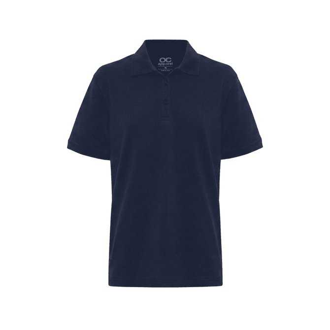 A navy blue men's polo shirt with a collared neck and button placket, featuring a logo on the chest.