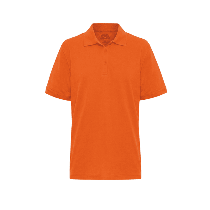 An orange polo shirt featuring a classic collar and a logo on the chest. Suitable for various occasions.