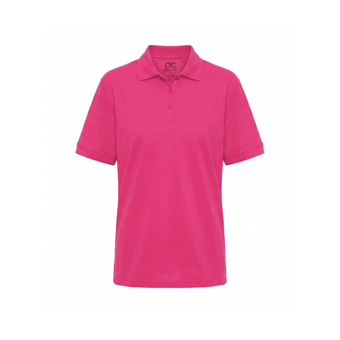 A pink polo shirt with a collared neckline and short sleeves, featuring a logo on the chest.