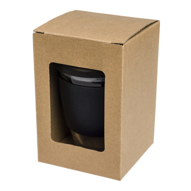 A reusable coffee cup in black, packaged in a brown cardboard box with a clear window. It includes a snap lid.