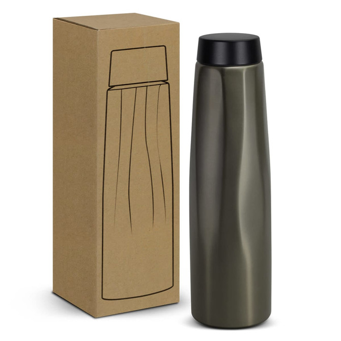 A drink bottle in an olive green finish, accompanied by a plain cardboard box and a black lid.