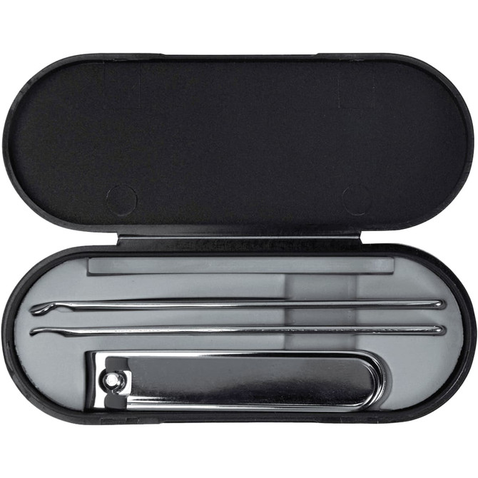 A black manicure set containing a nail clipper and two tools in a sleek, oval case.