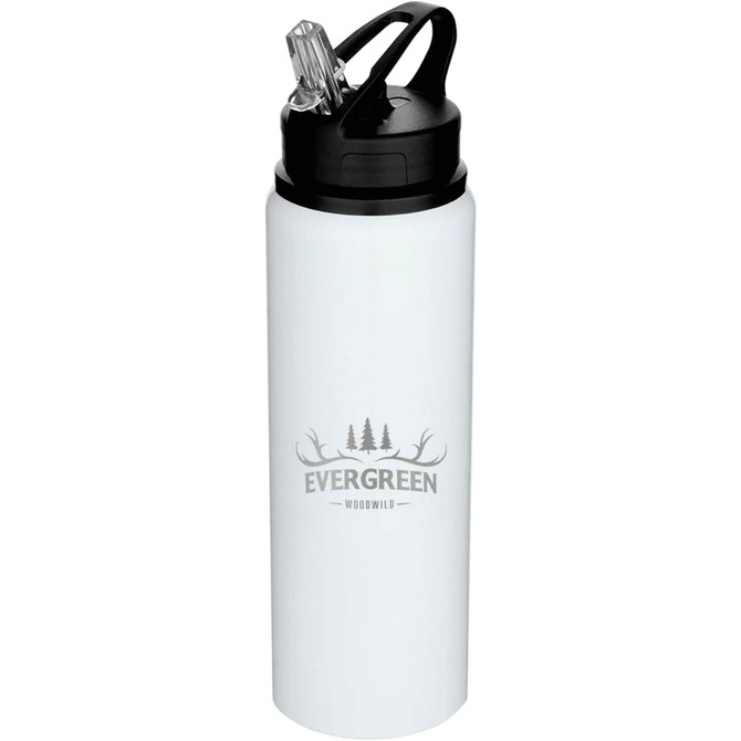 A drink bottle in white with a black cap and straw, featuring a logo design.