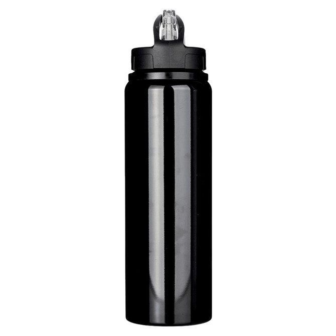 A drink bottle made of recycled stainless steel, featuring a sleek black finish and a black lid with a spout.