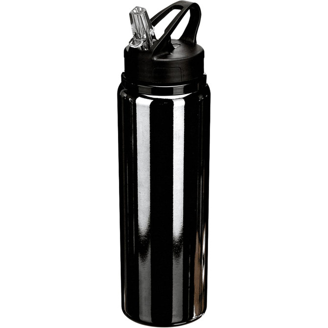 A drink bottle made of recycled stainless steel, featuring a black finish and a straw lid. It has a branding logo.