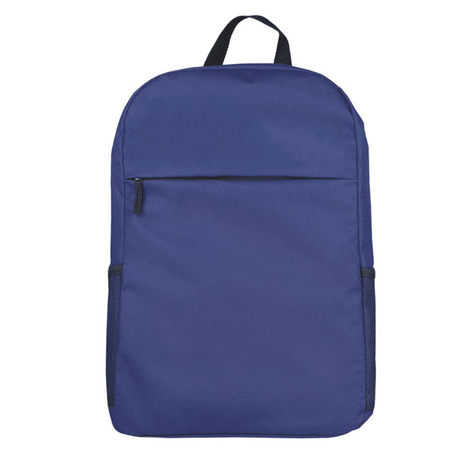 A navy blue backpack with a front zip pocket and side mesh pockets, featuring a logo on the front.