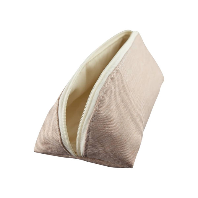 A pastel pink pencil case with a zip closure, featuring an interior lining in a lighter shade.