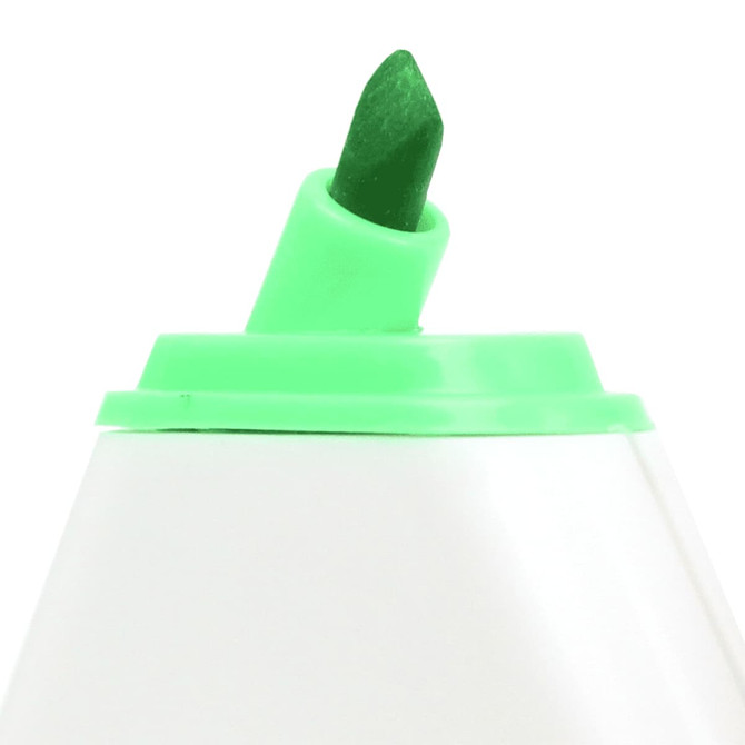 A green highlighter with a chisel tip, featuring a bright green plastic cap and a white body.
