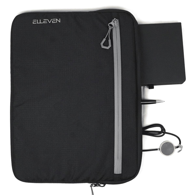 A black organiser featuring a zip pocket, a notebook, a pen, and a cord for headphones. It has a logo.