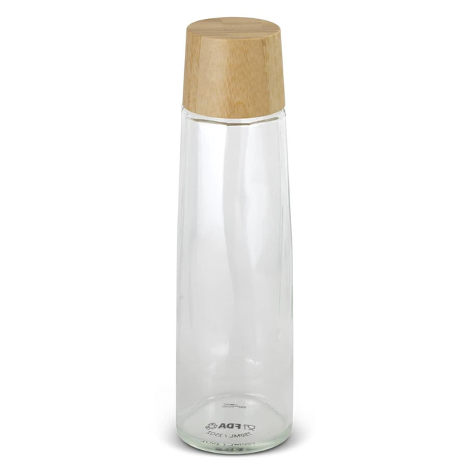 A drink bottle in transparent glass with a light wood lid, featuring a minimalist and sleek design.