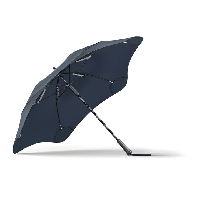 A navy blue BLUNT Classic Umbrella with a unique canopy shape, featuring a sturdy black frame and a logo.