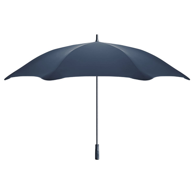 A navy blue sport umbrella with a curved shape and a handle, featuring a simple logo.