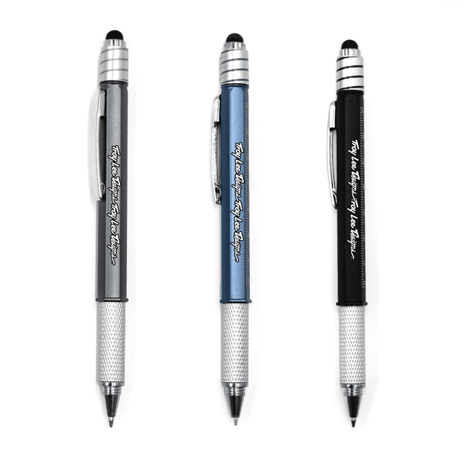 Three pens in grey, blue, and black with a silver grip and a logo on each.