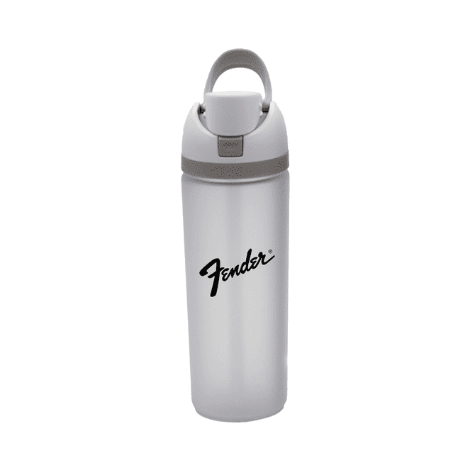 A drink bottle in silver with a grey lid and a carry handle, featuring a logo on the front.