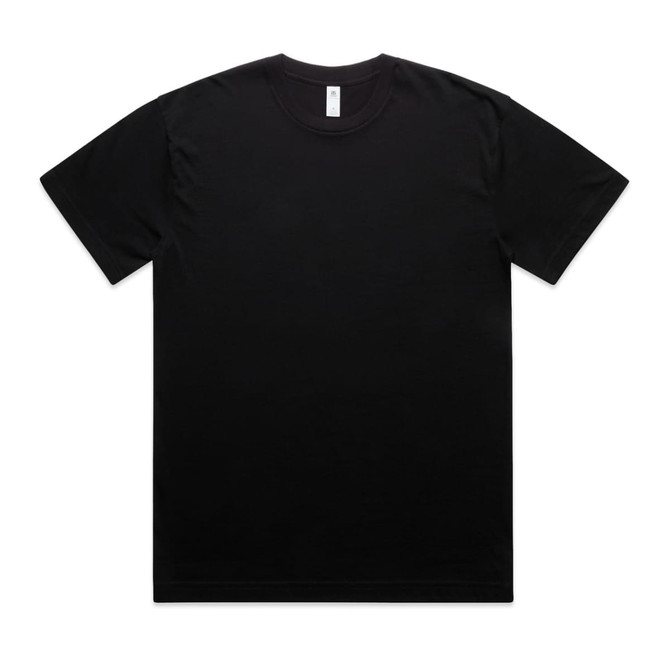 A black oversized tee featuring a crew neckline and short sleeves, with a simple design and a logo.