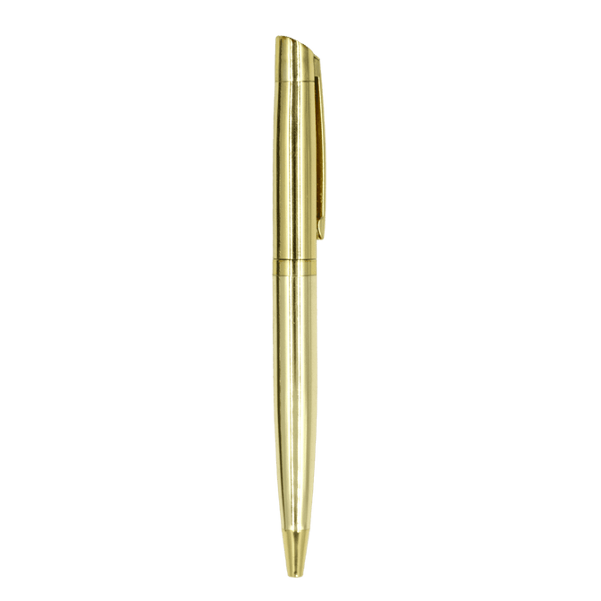A golden metal ballpoint pen featuring a sleek design and a pocket clip. It has a logo on the barrel.