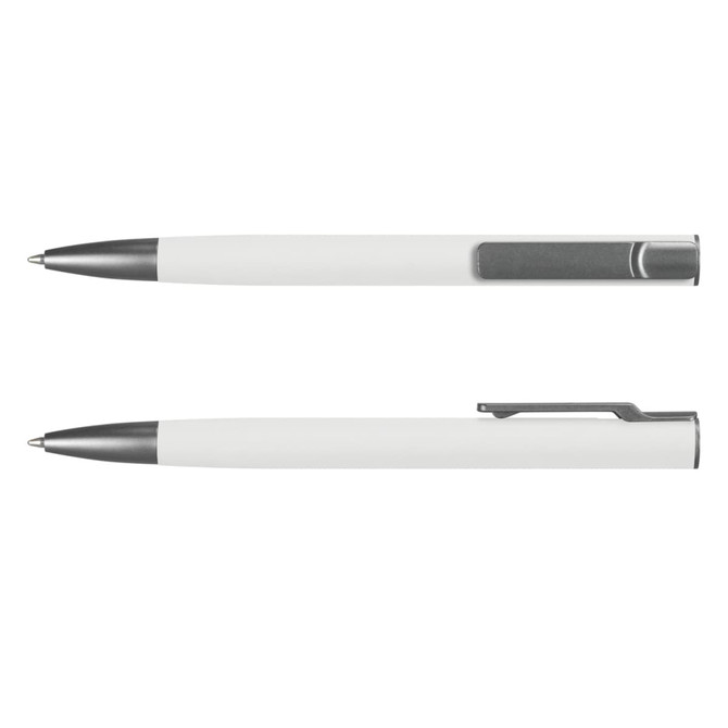 A metal pen with a sleek white barrel and silver accents, featuring a clip and a logo.