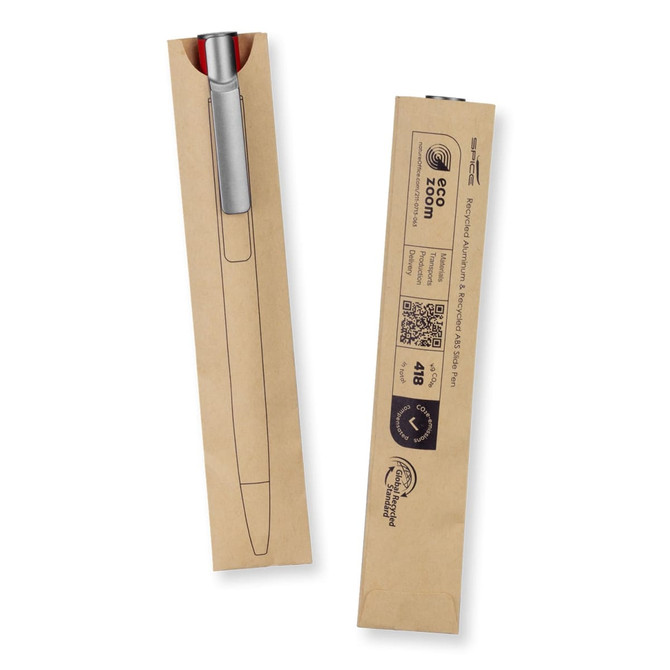 A metal pen in silver, displayed with a cardboard packaging design featuring a logo.