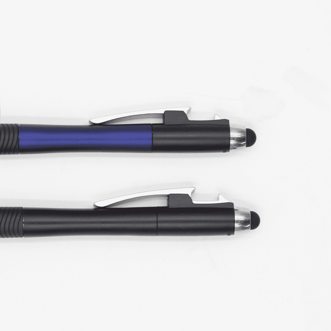 A close-up of two black pens with a blue accent and silver details, featuring a stylus tip and retractable design.
