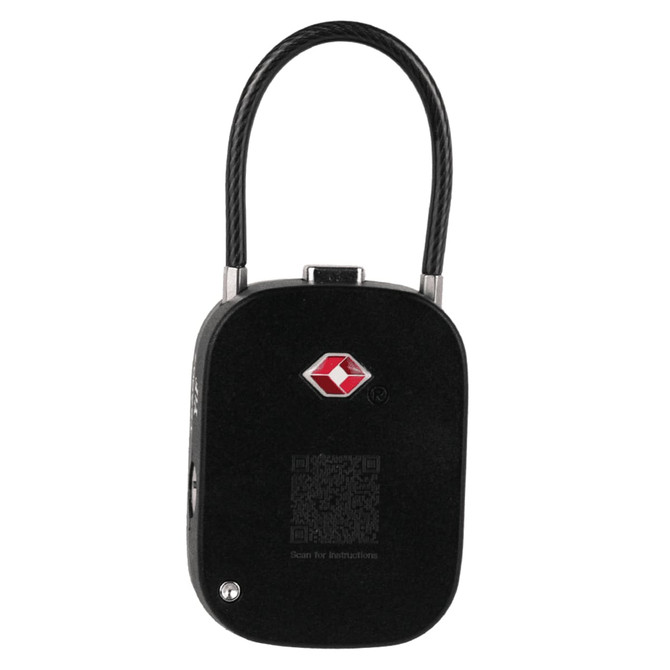 A black TSA lock with a metal shackle and a logo on the front.