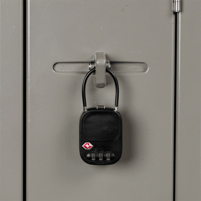 A black TSA lock secured to a grey locker, featuring a combination dial and a small logo.