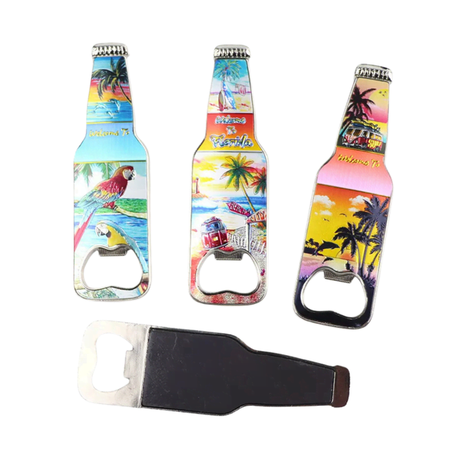 A drink bottle opener in a bottle shape featuring vibrant designs of tropical scenes, including birds, beaches, and palm trees.