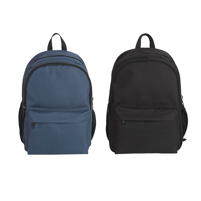 A blue backpack and a black backpack, both featuring a front pocket and shoulder straps. Each has a logo.