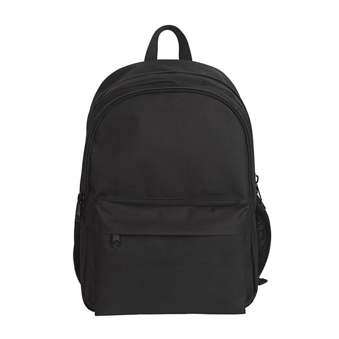 A black backpack featuring a main compartment, front pocket, and side mesh pocket. It includes a logo.