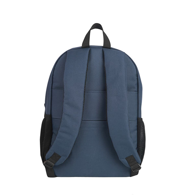 A blue Field Backpack with padded straps and mesh side pockets, featuring a logo.