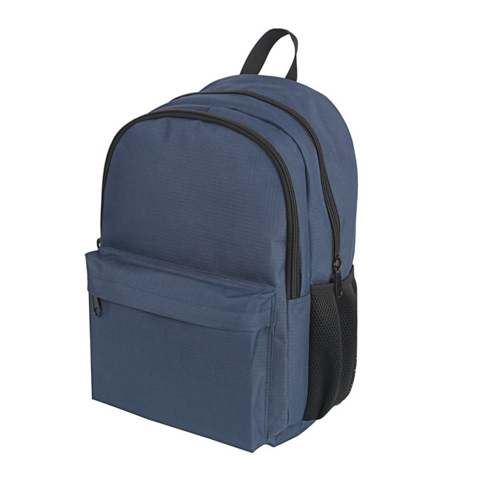 A navy blue backpack featuring multiple compartments and a side mesh pocket, complete with branding.