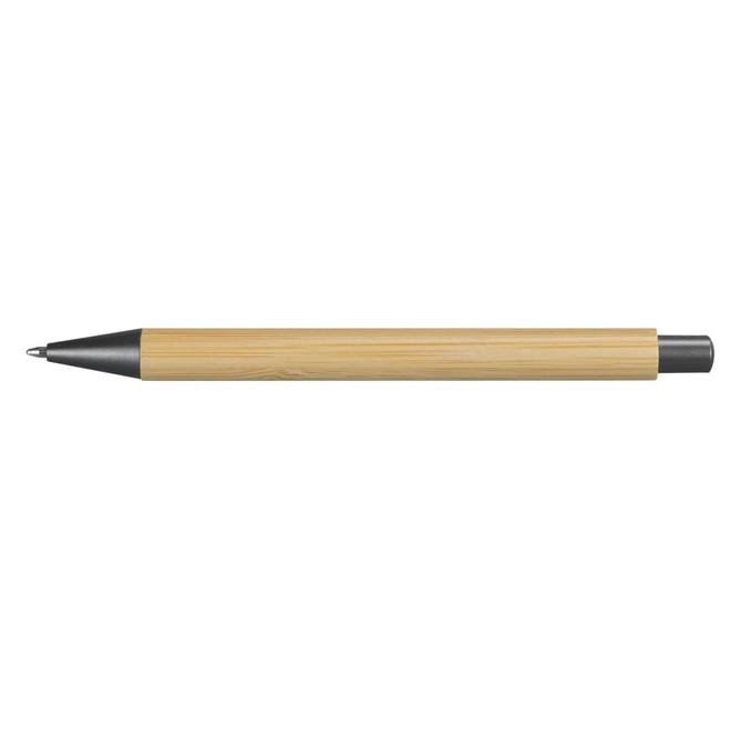 A bamboo pen with a grey tip and barrel, featuring a sleek and eco-friendly design. It has a logo displayed.