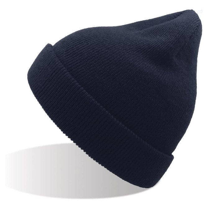 A navy blue beanie made from recycled polyester, featuring a cuffed design and a rounded top.