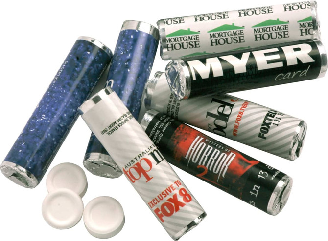 A collection of branded mint rolls featuring various colours and designs, with several white caps beside them.