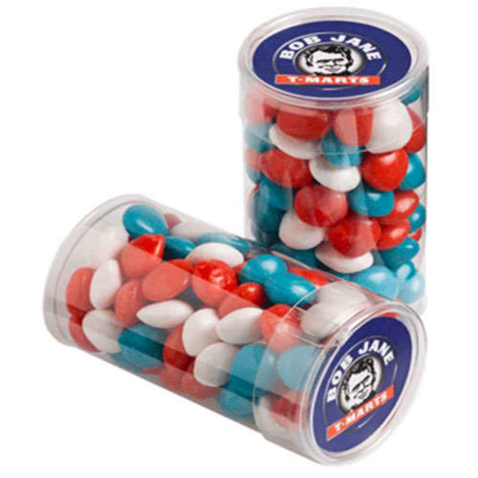 Two clear containers filled with red, white, and blue chewy fruit sweets. Each container has a logo on the lid.