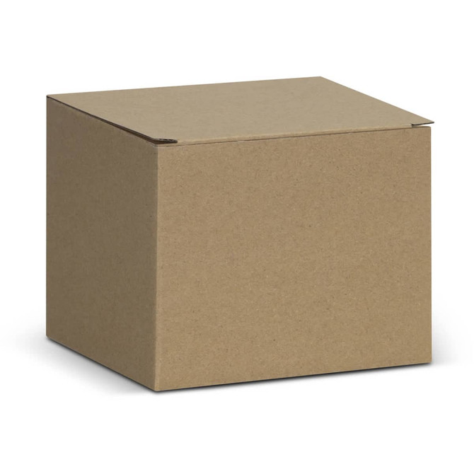 A plain brown cardboard box with a flapped top and a square shape.