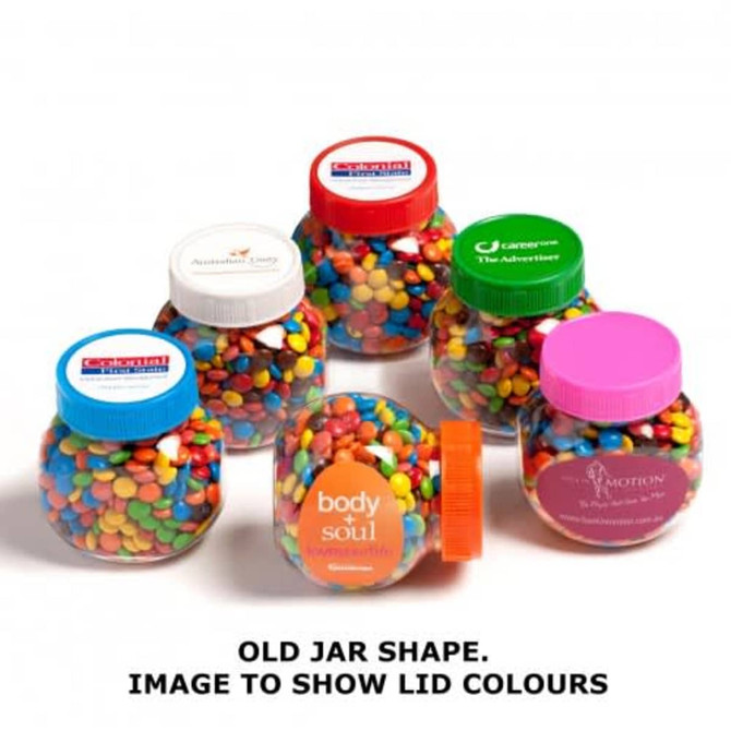 A jar filled with colourful M&Ms in various vibrant shades, featuring different lid colours and logos.