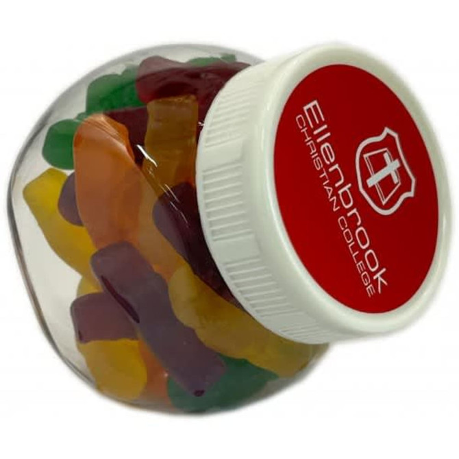 A plastic jar filled with colourful jelly babies, featuring a white lid and a logo on the top.