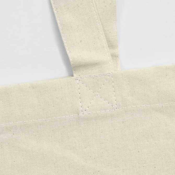 A cream-coloured tote bag with stitched handles and a visible logo. The fabric appears to be recycled cotton.