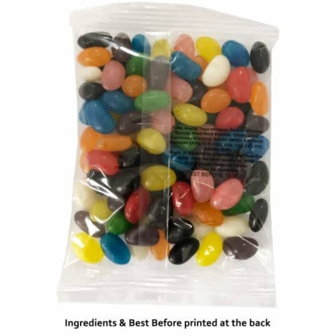 A clear bag filled with colourful jelly beans in various shapes and sizes, featuring a logo on the packaging.