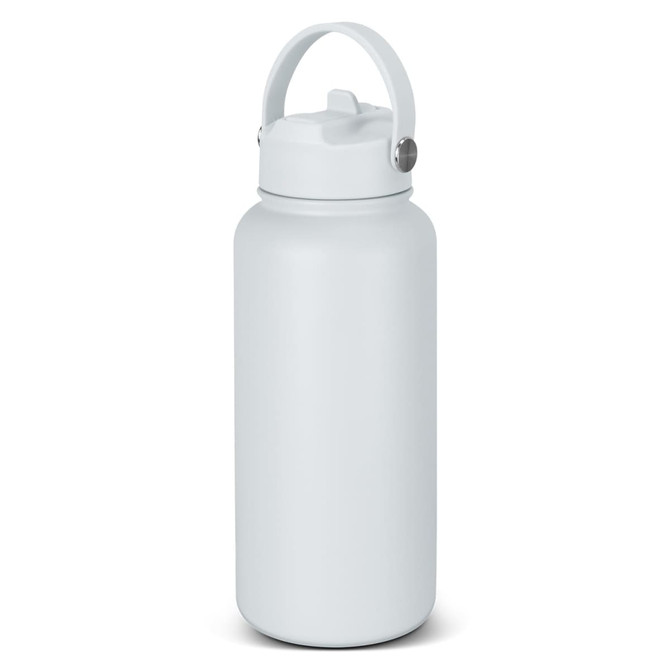 A drink bottle in a light blue hue with a handle and a secure lid, featuring a logo.