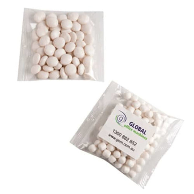 A resealable pack containing white mints, with a logo on the packaging.