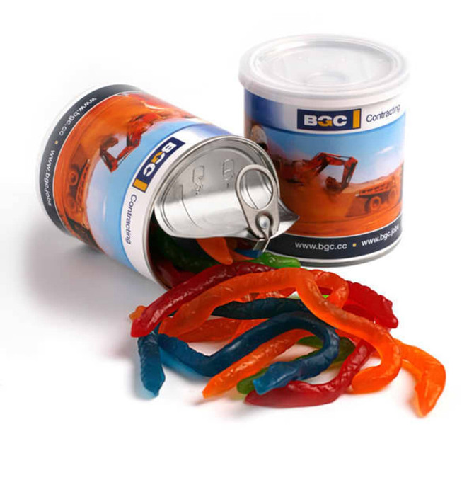A round tin can with a pull tab, featuring colourful gummy snakes in red, blue, green, and orange.
